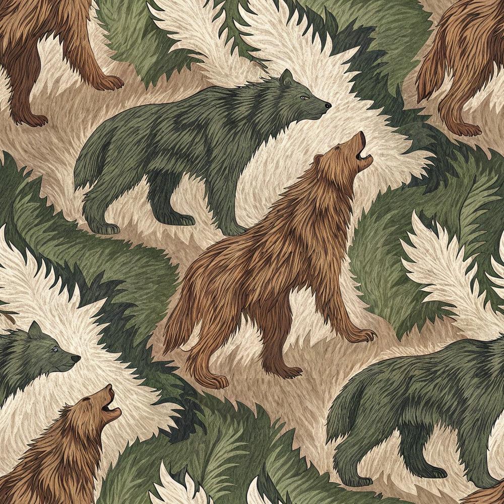 Animal Fur Camo Pattern 3 Quilting Cotton Fabric featuring brown and green bears, forest foliage, nature-inspired design, camouflage style, muted earth tones, soft textured cotton, quilting material, wildlife theme, rustic fabric print, woodland animals, premium quilting cotton fabric.