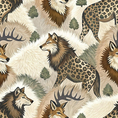 Animal Fur Camo Pattern 5 Quilting Cotton Fabric featuring wolves, deer, fur texture, camouflage design, earth tones, beige, brown, green, nature-inspired, quilting, cotton textile, animal print, wilderness motif.