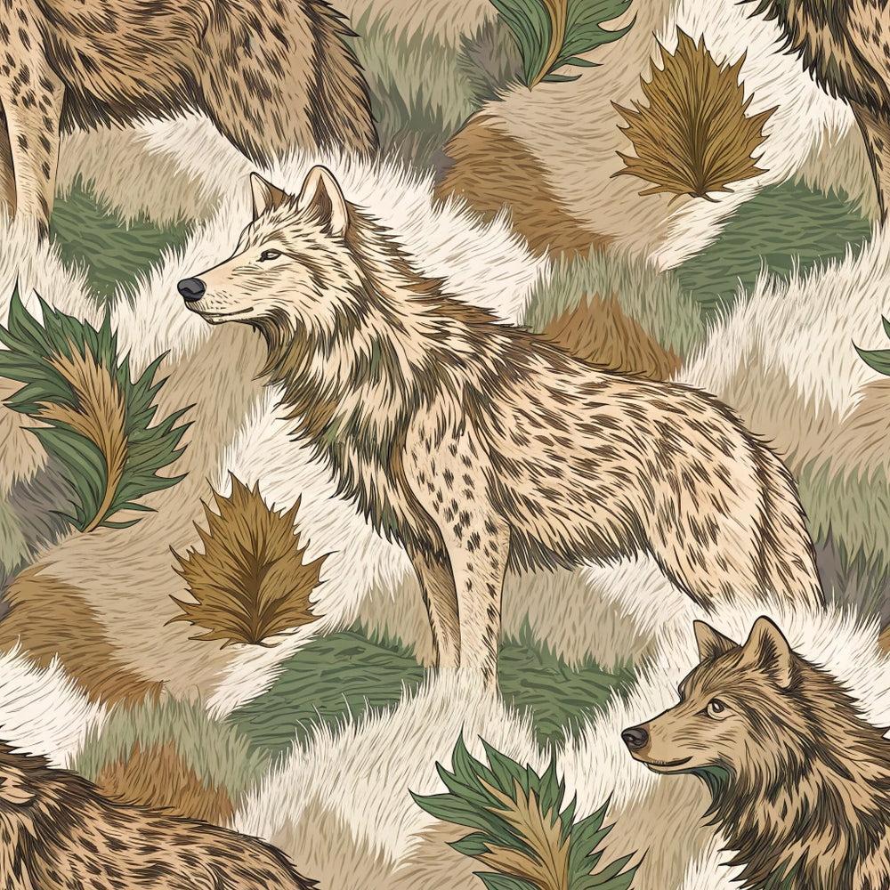 Animal Fur Camo Pattern 6 Quilting Cotton Fabric featuring realistic wolves, foliage, green, brown, beige, tan, woodland texture, camouflage design, nature-inspired, quilting material, soft cotton textile, animal print fabric.