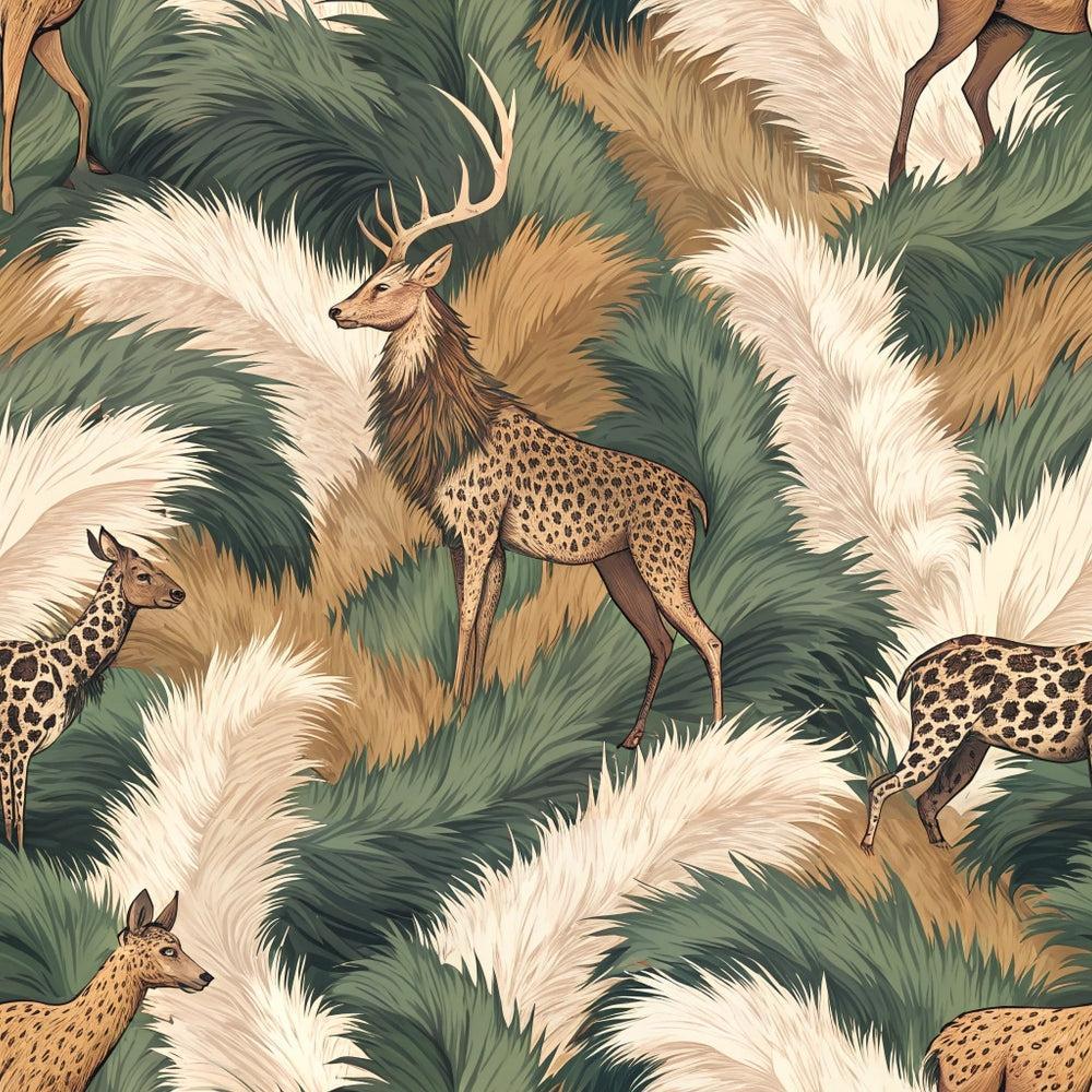 Animal Fur Camo Pattern 10 Quilting Cotton Fabric featuring camouflage style with natural colors, green, brown, beige, and white hues, wildlife motifs including deer and elk, textured fur appearance, soft cotton textile, quilting material, nature-inspired design, rustic and woodland theme, premium quilting cotton fabric for sewing and crafting projects.