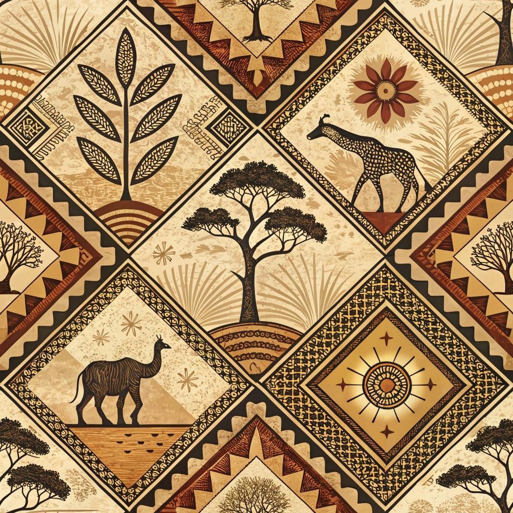 African Mud Cloth Line Art Pattern 1 Quilting Cotton Fabric featuring geometric shapes, tribal motifs, giraffe, camel, tree, sunburst, floral accents, beige, brown, black, tan, earthy tones, traditional African design, quilting, cotton, fabric, decorative textile, ethnic art, natural colors.