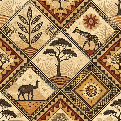 African Mud Cloth Line Art Pattern 1 Quilting Cotton Fabric featuring geometric shapes, tribal motifs, giraffe, camel, tree, sunburst, floral accents, beige, brown, black, tan, earthy tones, traditional African design, quilting, cotton, fabric, decorative textile, ethnic art, natural colors.