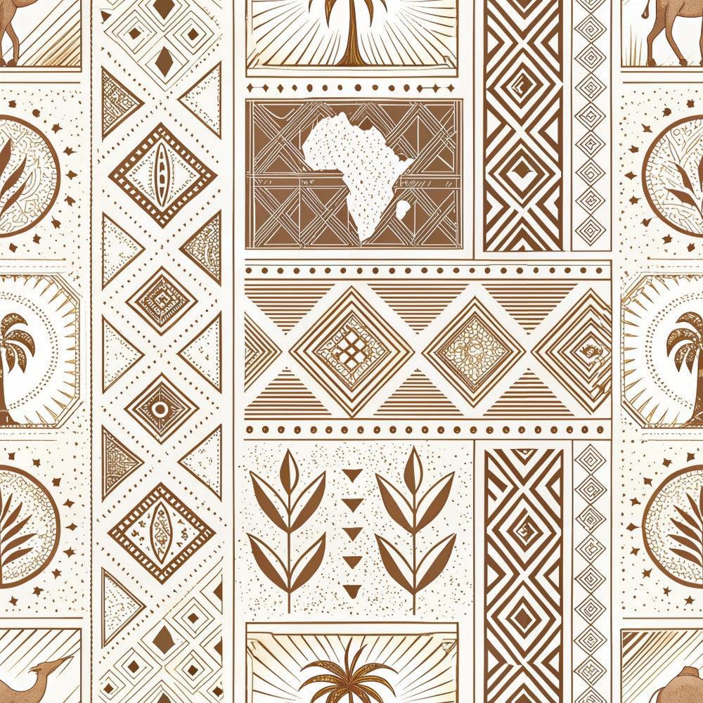 African Mud Cloth Line Art Pattern 2 Quilting Cotton Fabric featuring brown and beige geometric shapes, African continent silhouette, tribal motifs, palm tree illustrations, decorative lines, traditional textile design, quilting material, cotton textile, ethnic inspired print, soft fabric texture, handcrafted style.