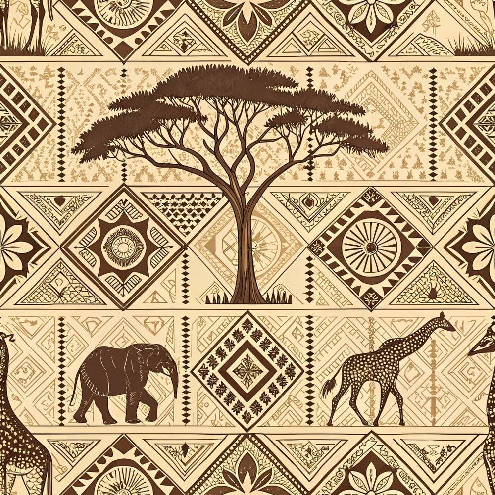 African Mud Cloth Line Art Pattern 3 Quilting Cotton Fabric featuring beige and brown color scheme, tribal geometric shapes, traditional African motifs, acacia tree, elephant, giraffe, wildlife illustrations, natural tones, ethnic design, quilting textile, cotton material, handmade style, cultural pattern, premium fabric for sewing projects.