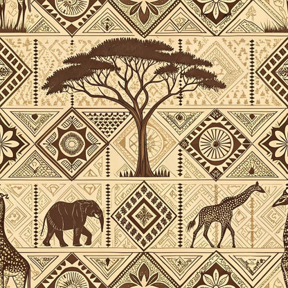 African Mud Cloth Line Art Pattern 3 Quilting Cotton Fabric featuring beige and brown color scheme, tribal geometric shapes, traditional African motifs, acacia tree, elephant, giraffe, wildlife illustrations, natural tones, ethnic design, quilting textile, cotton material, handmade style, cultural pattern, premium fabric for sewing projects.