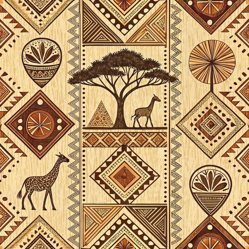 African Mud Cloth Line Art Pattern 4 Quilting Cotton Fabric with geometric shapes, earthy tones, tribal motifs, giraffe and acacia tree illustrations, beige background, brown and rust colors, traditional African inspired design, quilting fabric, cotton material.