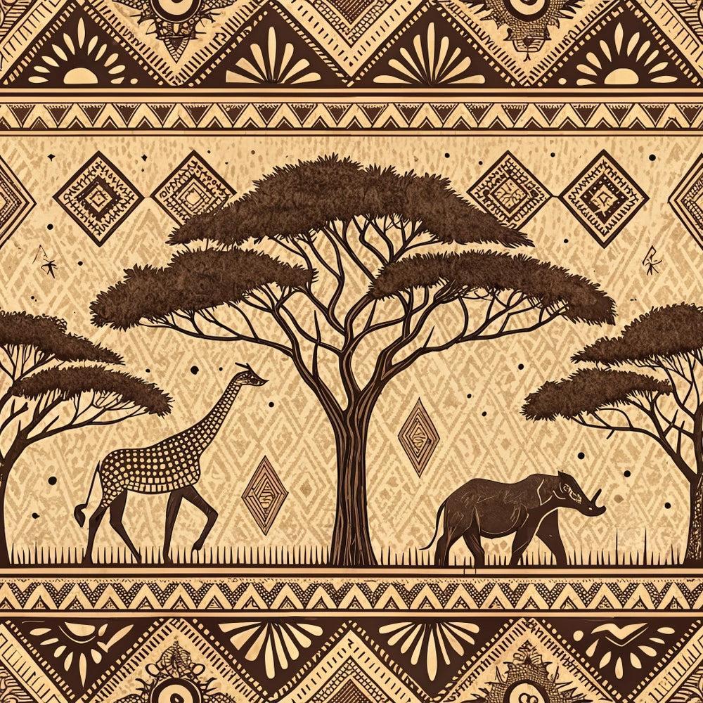 African Mud Cloth Line Art Pattern 6 Quilting Cotton Fabric featuring brown and beige tribal motifs, acacia trees, giraffe, rhinoceros, geometric shapes, ethnic textile design, traditional African inspired quilt cotton fabric, natural earthy colors, artful line drawing pattern, premium quilting cotton fabric for crafts and sewing projects.