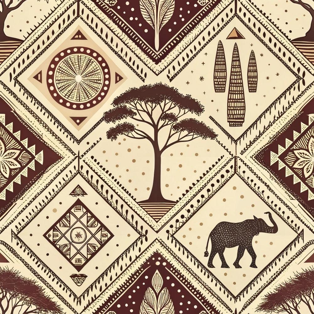 African Mud Cloth Line Art Pattern 8 Quilting Cotton Fabric featuring beige, brown, tan colors with tribal motifs, geometric shapes, acacia tree, elephant, leaf designs, and traditional African inspired artwork, quilting textile, cotton material, ethnic style, decorative print.