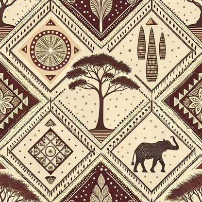 African Mud Cloth Line Art Pattern 8 Quilting Cotton Fabric featuring beige, brown, tan colors with tribal motifs, geometric shapes, acacia tree, elephant, leaf designs, and traditional African inspired artwork, quilting textile, cotton material, ethnic style, decorative print.