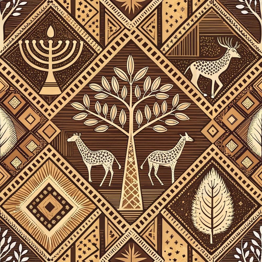 African Mud Cloth Line Art Pattern 10 Quilting Cotton Fabric featuring traditional African-inspired geometric motifs, giraffes, deer, trees, and symbolic shapes in earthy brown and beige tones, ideal for quilting, sewing, and craft projects, showcasing unique tribal design, natural colors, and premium cotton texture.