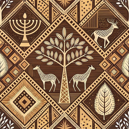 African Mud Cloth Line Art Pattern 10 Quilting Cotton Fabric featuring traditional African-inspired geometric motifs, giraffes, deer, trees, and symbolic shapes in earthy brown and beige tones, ideal for quilting, sewing, and craft projects, showcasing unique tribal design, natural colors, and premium cotton texture.