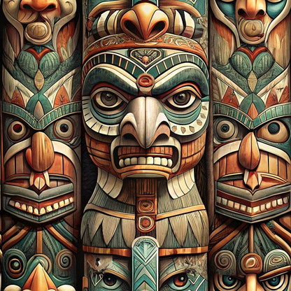 Totem Pole Tribal Figures Pattern 4 Quilting Cotton Fabric
