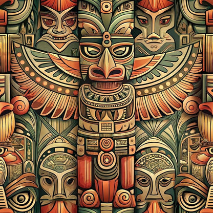 Totem Pole Tribal Figures Pattern 10 Quilting Cotton Fabric