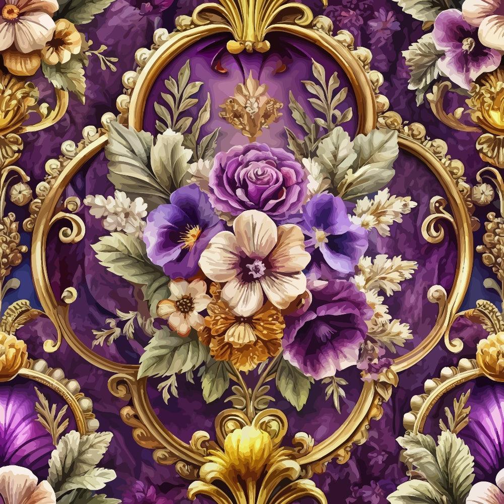 - Baroque Florals Pattern 80 Quilting Cotton Fabric  
- Floral motifs  
- Purple background  
- Gold ornate details  
- Roses, pansies, leaves  
- Classic, vintage, elegant  
- Cotton textile  
- Quilting material  
- Decorative, intricate design