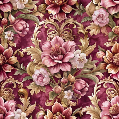 - Baroque Florals Pattern 96 Quilting Cotton Fabric  
- floral design  
- pink flowers  
- burgundy background  
- vintage style  
- ornamental leaves  
- gold accents  
- quilting cotton  
- classic floral motif  
- decorative textile  
- elegant fabric  
- detailed blossoms  
- rich colors