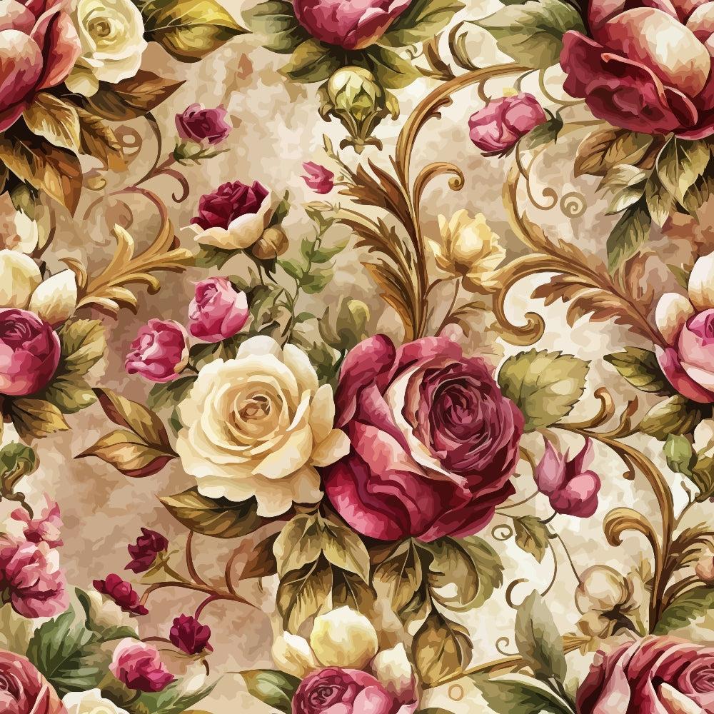 - Baroque Florals Pattern 153 Quilting Cotton Fabric  
- vintage floral  
- roses  
- cream, burgundy, pink, green  
- ornate scrolls  
- elegant texture  
- decorative fabric  
- cotton material  
- classic design  
- quilting textile