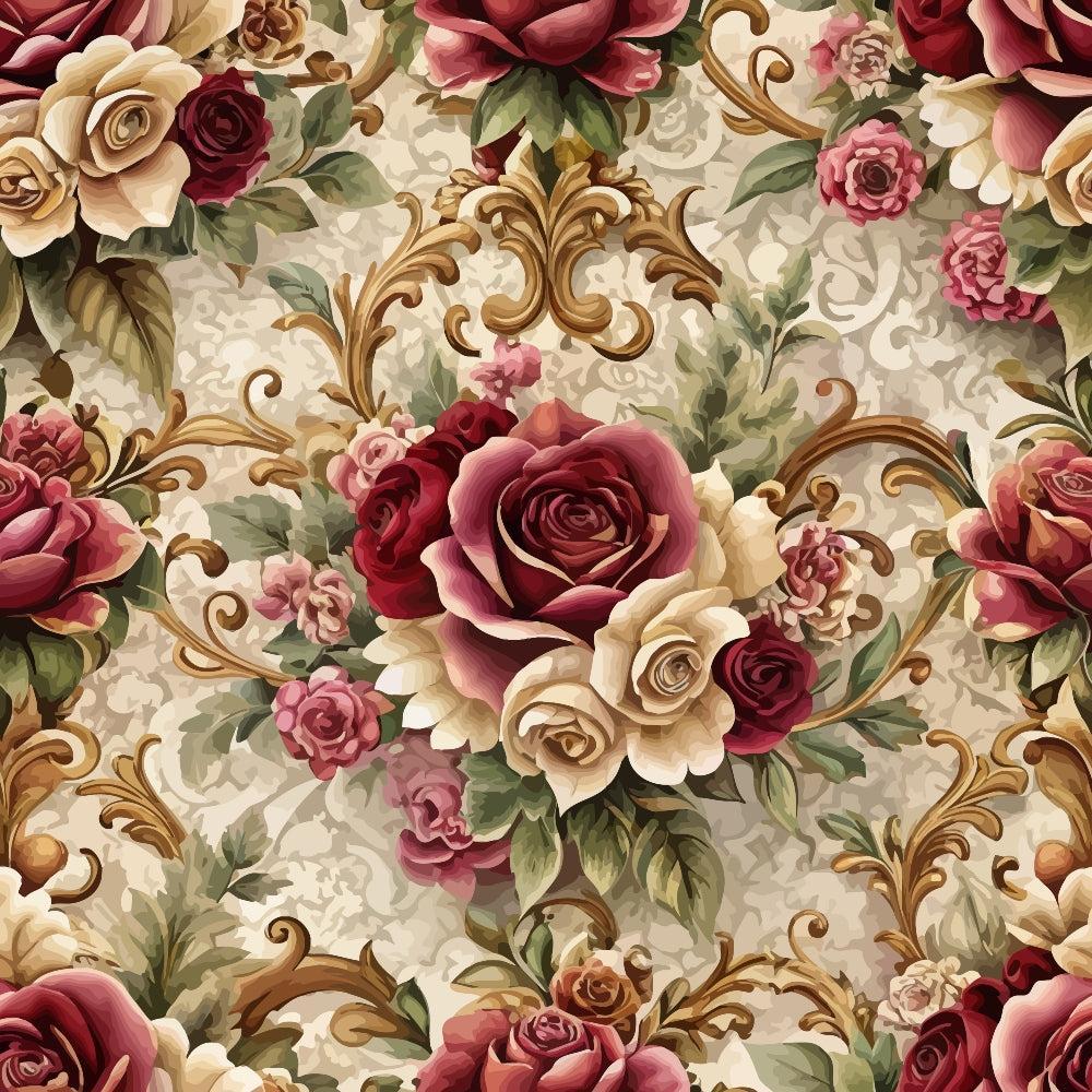 - Baroque Florals Pattern 154 Quilting Cotton Fabric  
- Floral design, roses, bouquets  
- Burgundy, cream, pink, green, gold  
- Ornate, vintage, elegant, classic  
- Cotton, quilting material, decorative textile