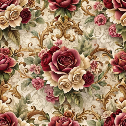 - Baroque Florals Pattern 154 Quilting Cotton Fabric  
- Floral design, roses, bouquets  
- Burgundy, cream, pink, green, gold  
- Ornate, vintage, elegant, classic  
- Cotton, quilting material, decorative textile
