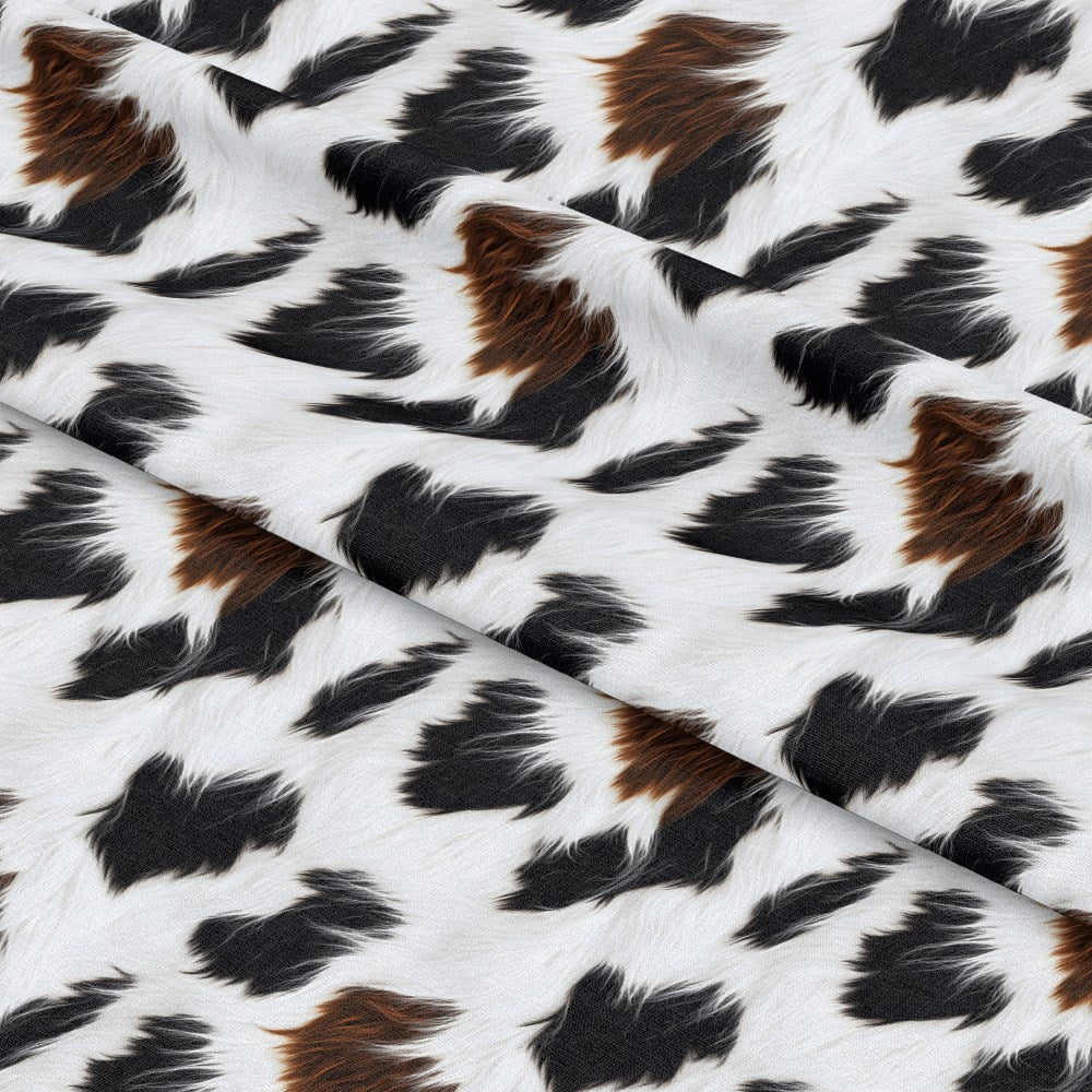 - Bold Brown and White Cow Pattern 14 Quilting Cotton Fabric  
- Brown, white, black colors  
- Cowhide inspired spots  
- Cotton textile material  
- Quilting fabric  
- Animal print fabric  
- Rustic spotted design  
- Natural earthy tones  
- Soft fabric texture  
- Yardage fabric textile