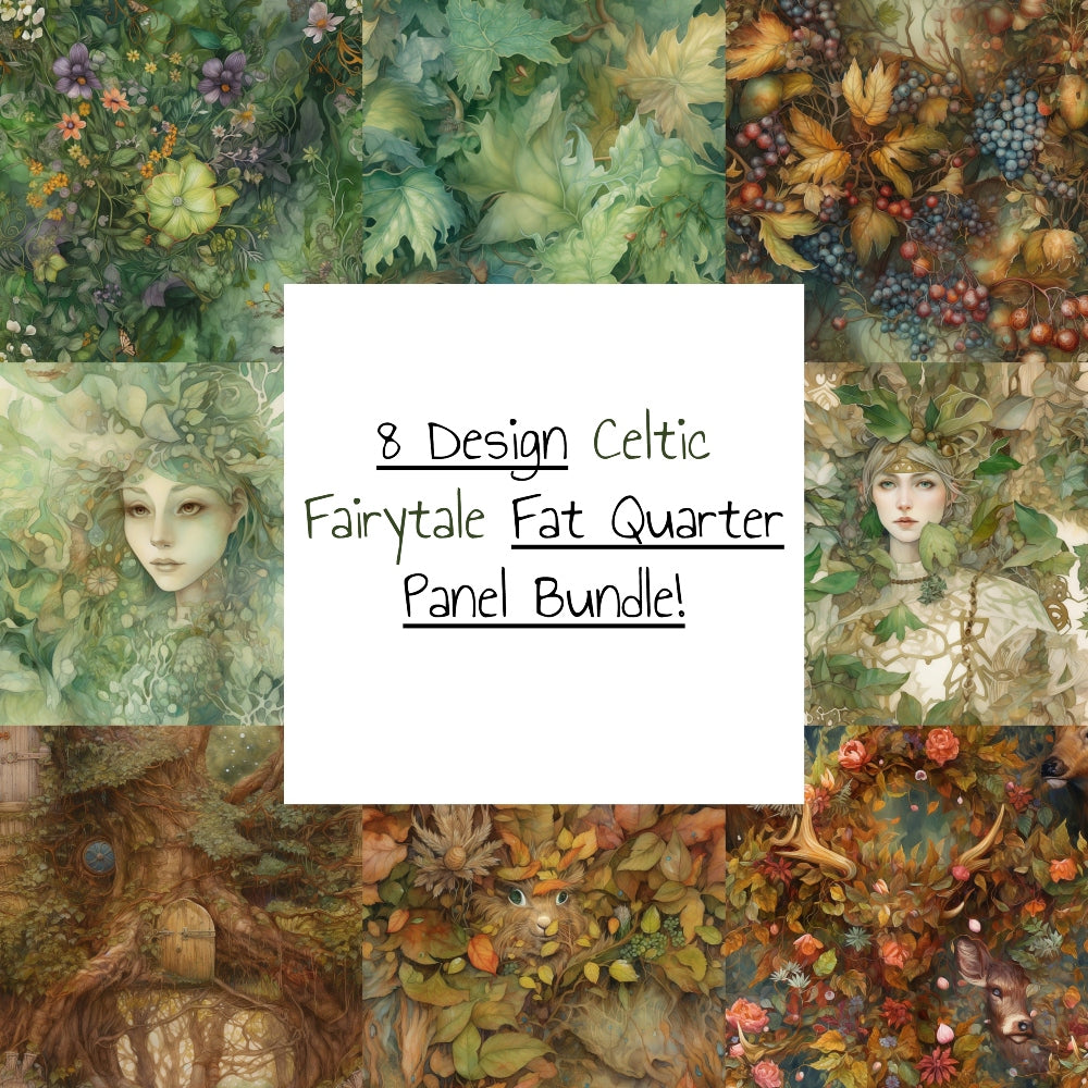 celtic fairytale, forest green, autumn gold, mystical faces, botanical motifs, grape vines, maple leaves, fantasy art, woodland creatures, ethereal portraits, nature spirits, fat quarter bundle, quilting cotton, earthy tones, moss green, copper brown, whimsical design, fairy tale theme, organic patterns, seasonal foliage