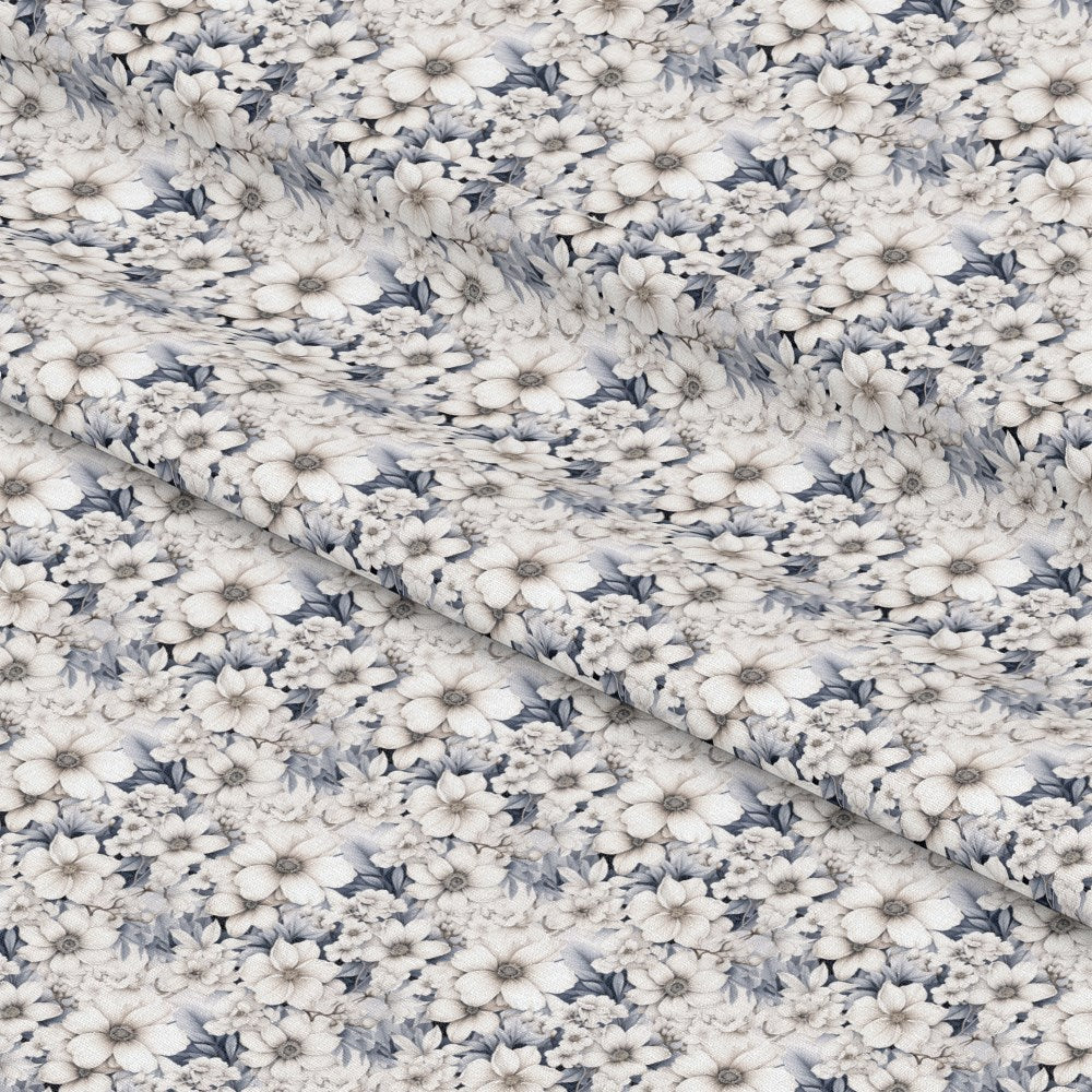 - White Flowers Pattern 12 Quilting Cotton Fabric  
- Floral print  
- Cream, beige, light gray colors  
- Soft cotton textile  
- Delicate blossoms design  
- Natural fabric  
- Quilting material  
- Light neutral tones  
- Vintage style flowers  
- Seamless repeating floral