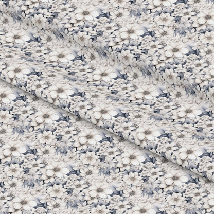 - White Flowers Pattern 12 Quilting Cotton Fabric  
- Floral print  
- Cream, beige, light gray colors  
- Soft cotton textile  
- Delicate blossoms design  
- Natural fabric  
- Quilting material  
- Light neutral tones  
- Vintage style flowers  
- Seamless repeating floral