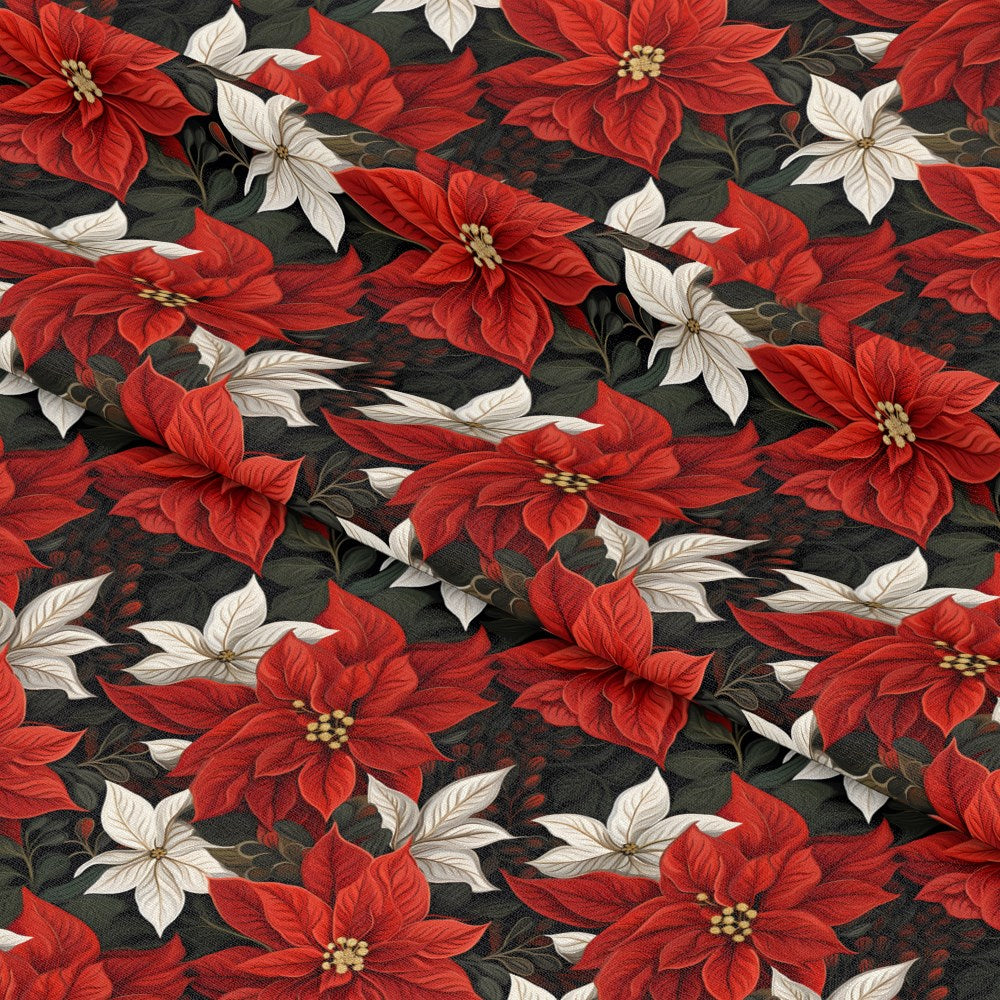 - Poinsettia Blooms Pattern 4 Quilting Cotton Fabric  
- Red poinsettia flowers  
- White floral accents  
- Dark green foliage  
- Christmas holiday theme  
- Quilting cotton material  
- Festive seasonal design  
- Textile yardage for crafting  
- Decorative botanical print  
- Soft cotton fabric for sewing