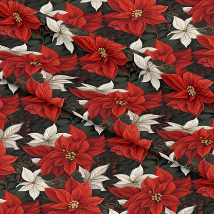 - Poinsettia Blooms Pattern 4 Quilting Cotton Fabric  
- Red poinsettia flowers  
- White floral accents  
- Dark green foliage  
- Christmas holiday theme  
- Quilting cotton material  
- Festive seasonal design  
- Textile yardage for crafting  
- Decorative botanical print  
- Soft cotton fabric for sewing
