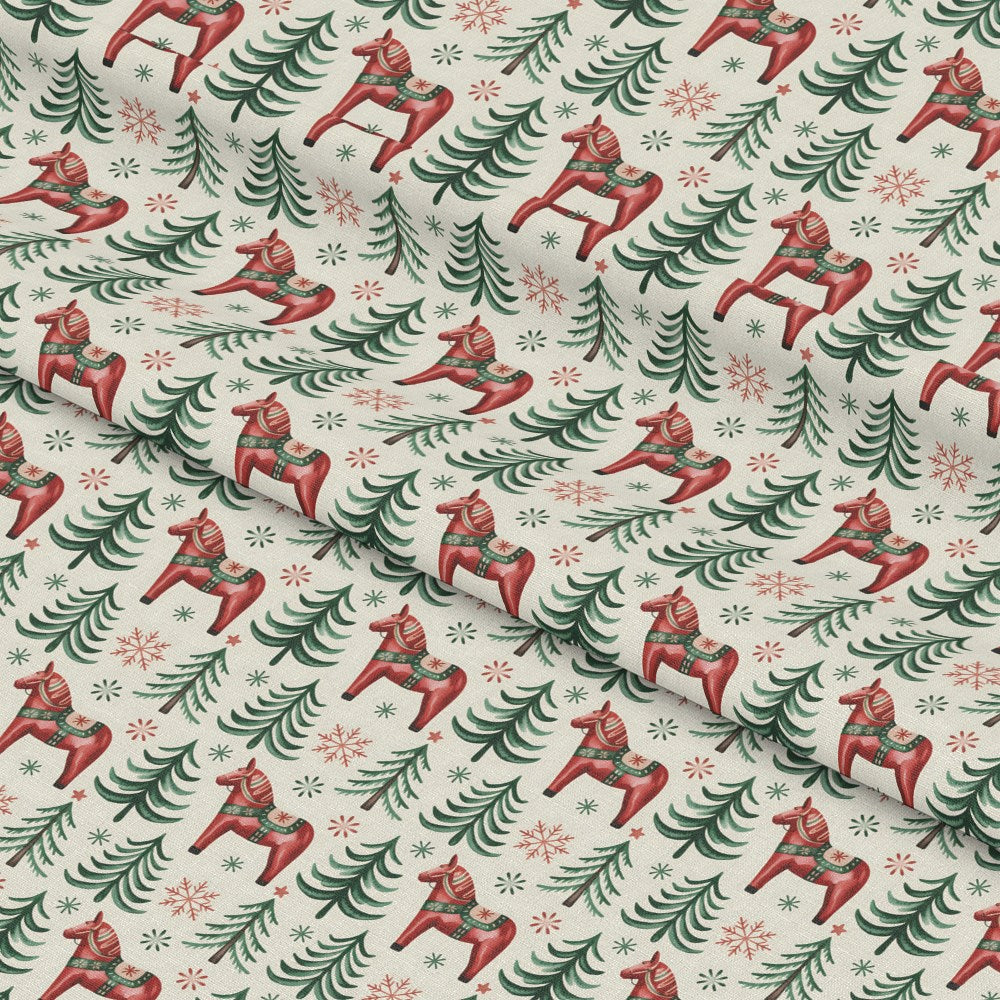 - Scandinavian Folk Christmas Pattern 6 Quilting Cotton Fabric  
- Christmas fabric, holiday theme, wool horse motifs  
- Red, green, beige, snowflakes, pine trees, folk art style  
- Quilting cotton, festive print, seasonal textile, traditional design