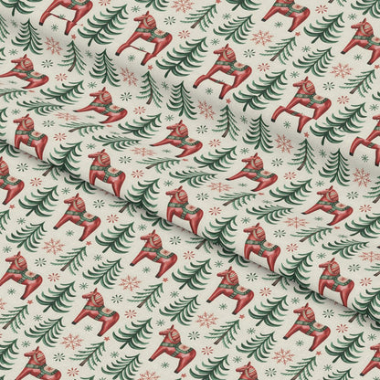 - Scandinavian Folk Christmas Pattern 6 Quilting Cotton Fabric  
- Christmas fabric, holiday theme, wool horse motifs  
- Red, green, beige, snowflakes, pine trees, folk art style  
- Quilting cotton, festive print, seasonal textile, traditional design