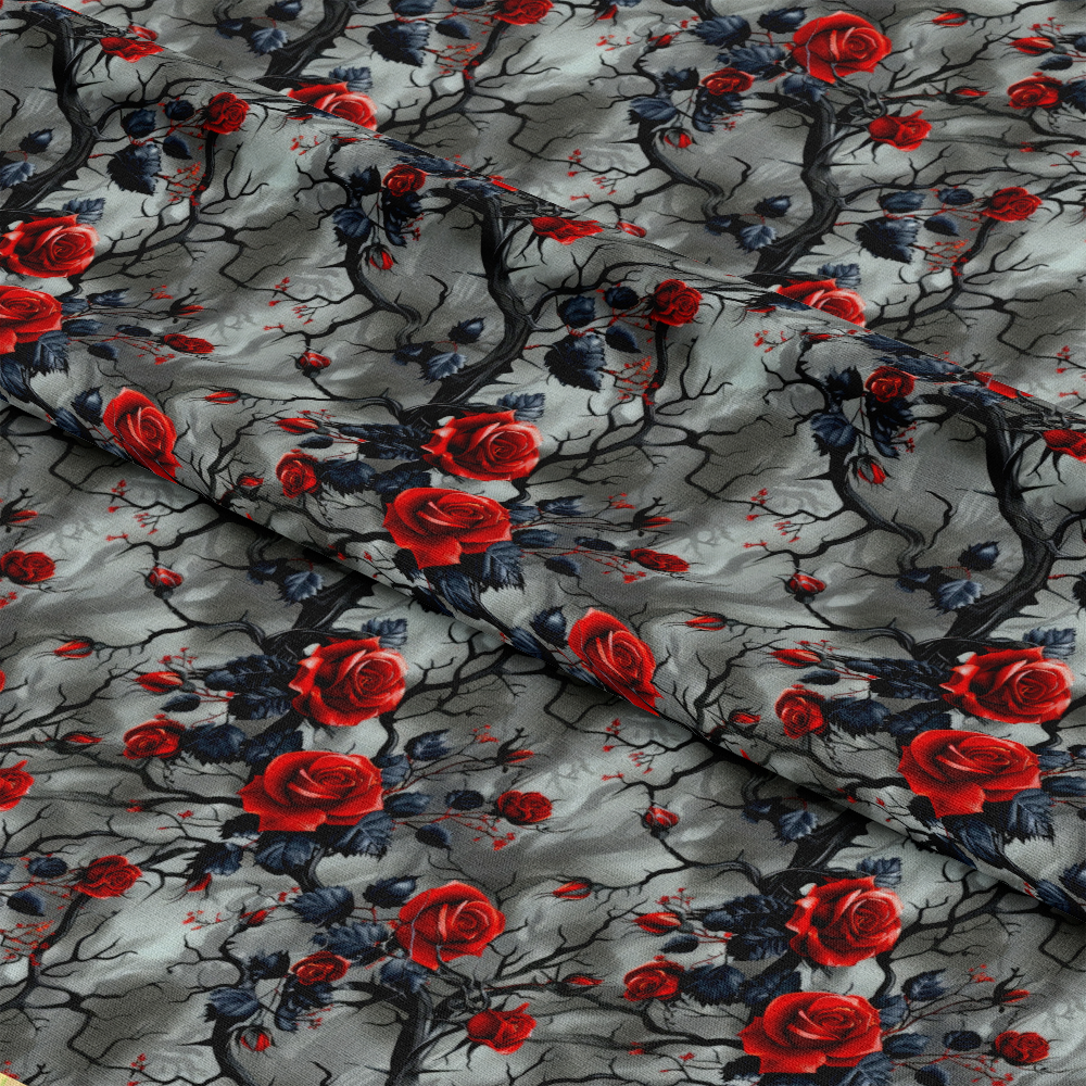 - A Gothic Night Pattern 5 Quilting Cotton Fabric  
- Quilting fabric  
- Cotton material  
- Dark gray background  
- Red roses floral design  
- Black thorny branches  
- Gothic style print  
- Victorian inspired pattern  
- Soft textured cotton  
- Elegant fabric textile
