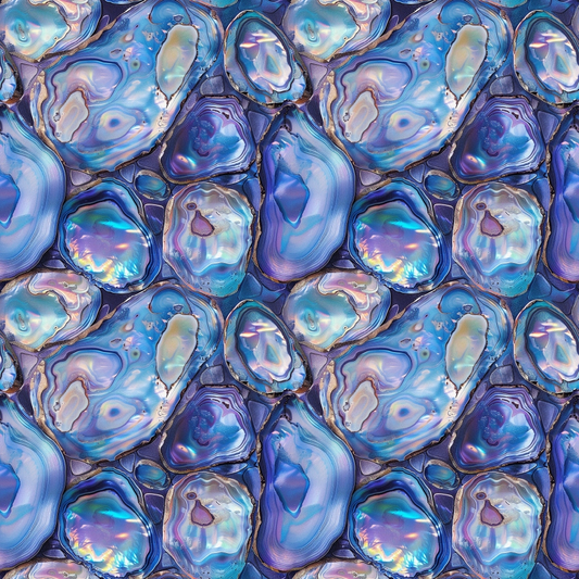 Abstract pattern resembling clusters of polished geodes with swirling blue, purple, and iridescent hues.