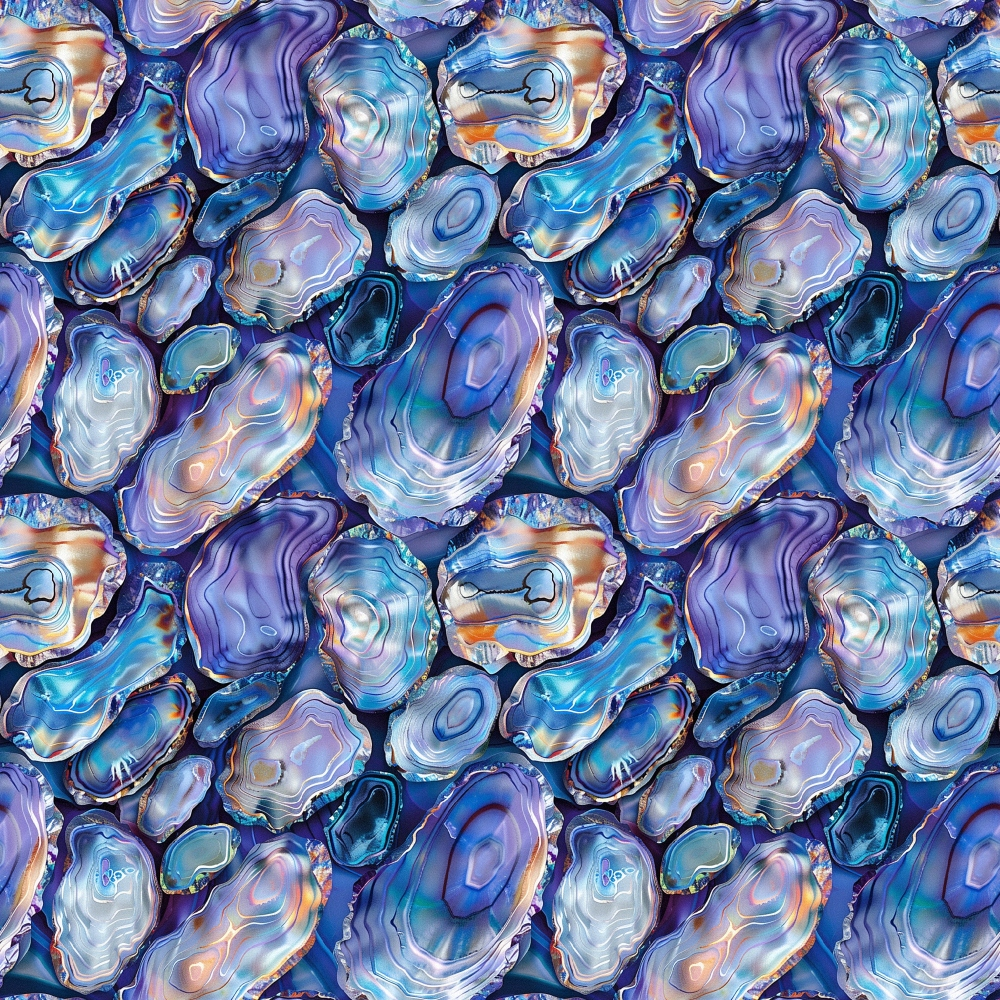 abalones, seashells, ocean, marine life, iridescent, blue, purple, teal, coral, orange, pearlescent, shimmery, geological, natural patterns, seamless repeat, quilting cotton, fabric panel, underwater, sea creatures, lustrous surface, crystalline formations
