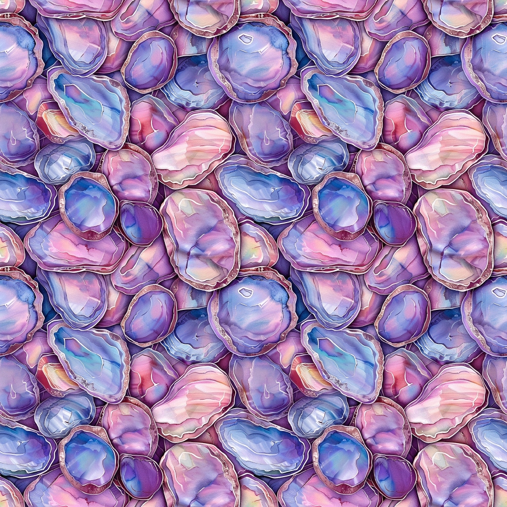 A seamless pattern of overlapping abstract shells in shades of purple, pink, and blue.