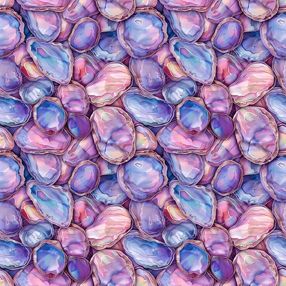 A seamless pattern of overlapping abstract shells in shades of purple, pink, and blue.