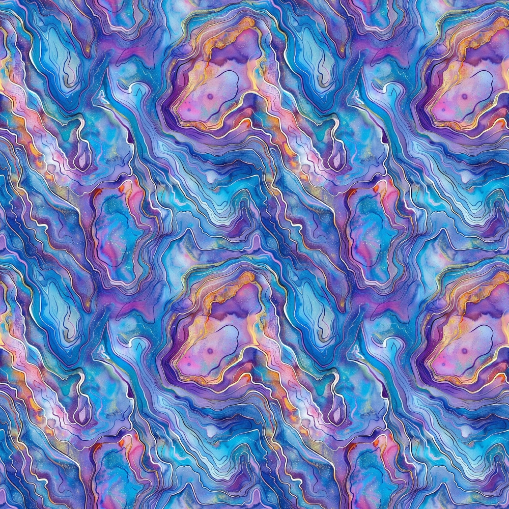 Abstract watercolor pattern with swirling blue, purple, and orange shapes, resembling layered geological formations.