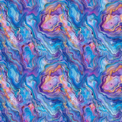 Abstract watercolor pattern with swirling blue, purple, and orange shapes, resembling layered geological formations.