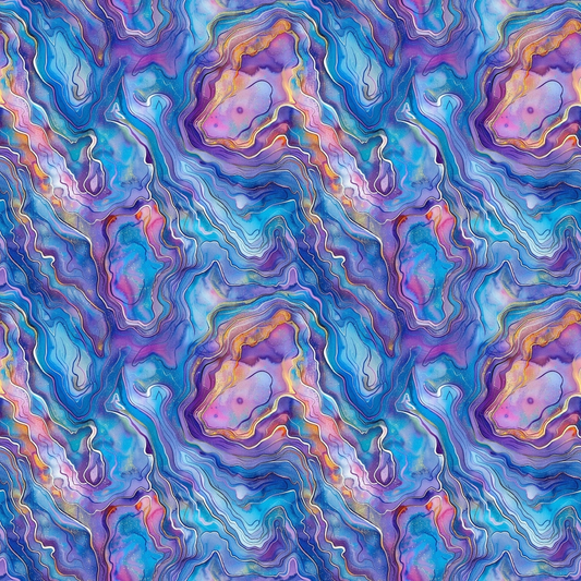 Abstract watercolor pattern with swirling blue, purple, and orange shapes, resembling layered geological formations.