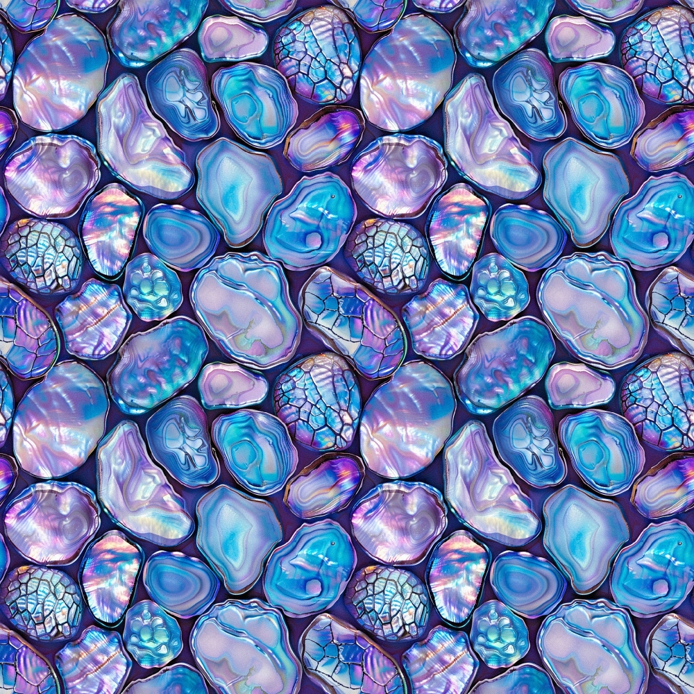 Seamless pattern of polished agate stones in shades of blue, purple, and pink with various textures and patterns.