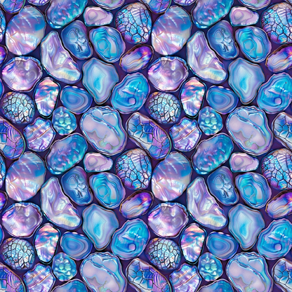 Seamless pattern of polished agate stones in shades of blue, purple, and pink with various textures and patterns.