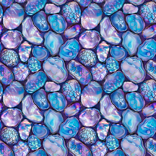 Seamless pattern of polished agate stones in shades of blue, purple, and pink with various textures and patterns.