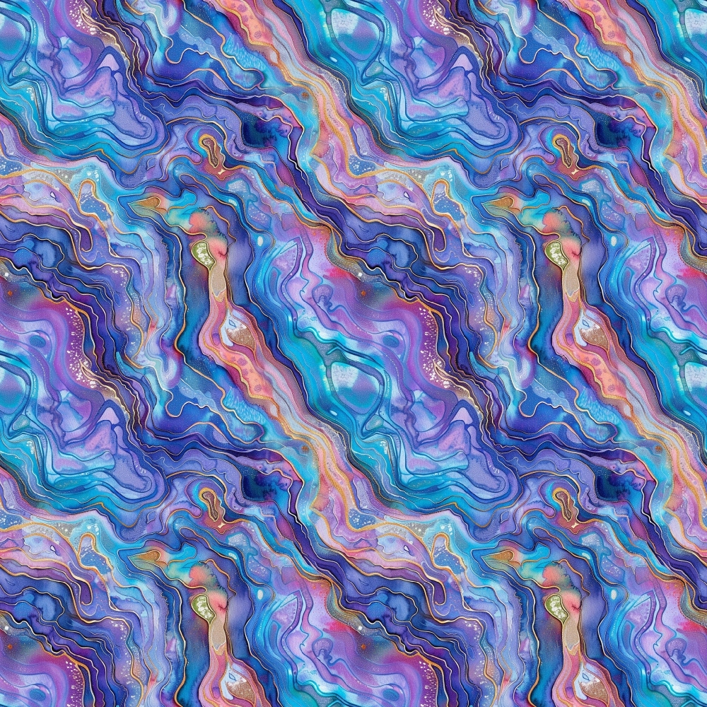 Abstract pattern with swirls of blue, purple, pink, and orange hues, resembling marbled textures. Repeated wave-like design creates a fluid and colorful visual effect.