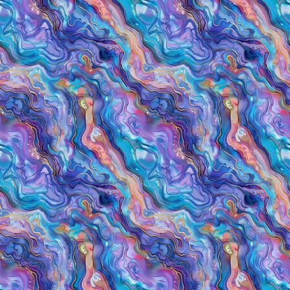 Abstract pattern with swirls of blue, purple, pink, and orange hues, resembling marbled textures. Repeated wave-like design creates a fluid and colorful visual effect.