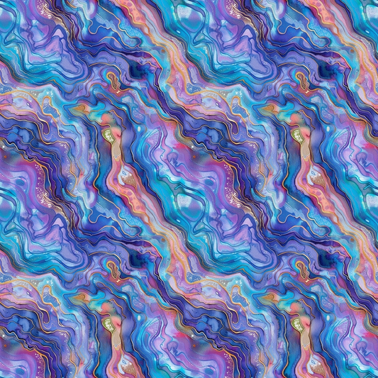 Abstract pattern with swirls of blue, purple, pink, and orange hues, resembling marbled textures. Repeated wave-like design creates a fluid and colorful visual effect.