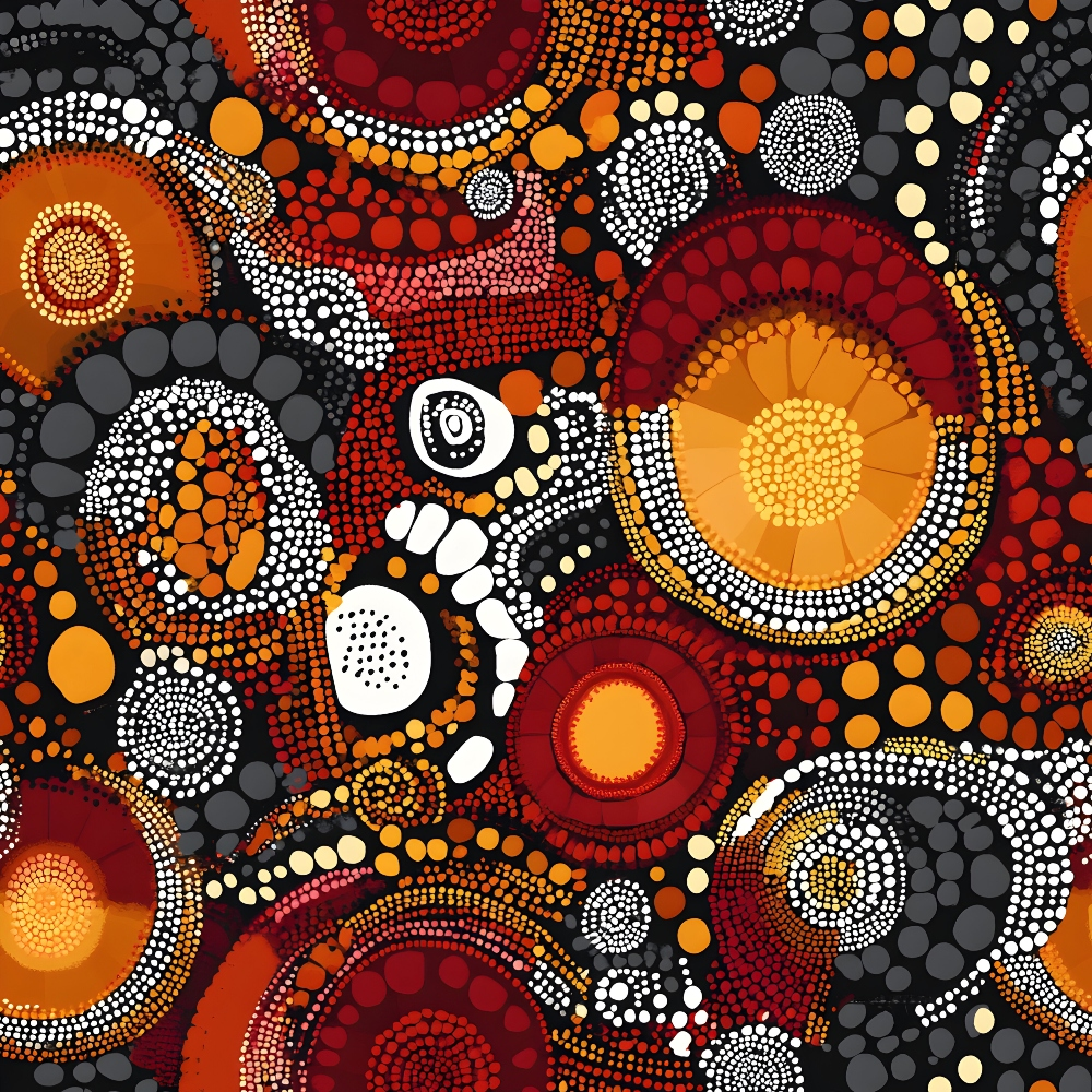 Abstract artwork with circular patterns in red, orange, black, and white. It features concentric designs and dotted motifs resembling traditional Indigenous Australian art.