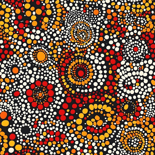 Abstract dot painting with concentric circles in red, orange, white, and yellow on a black background.