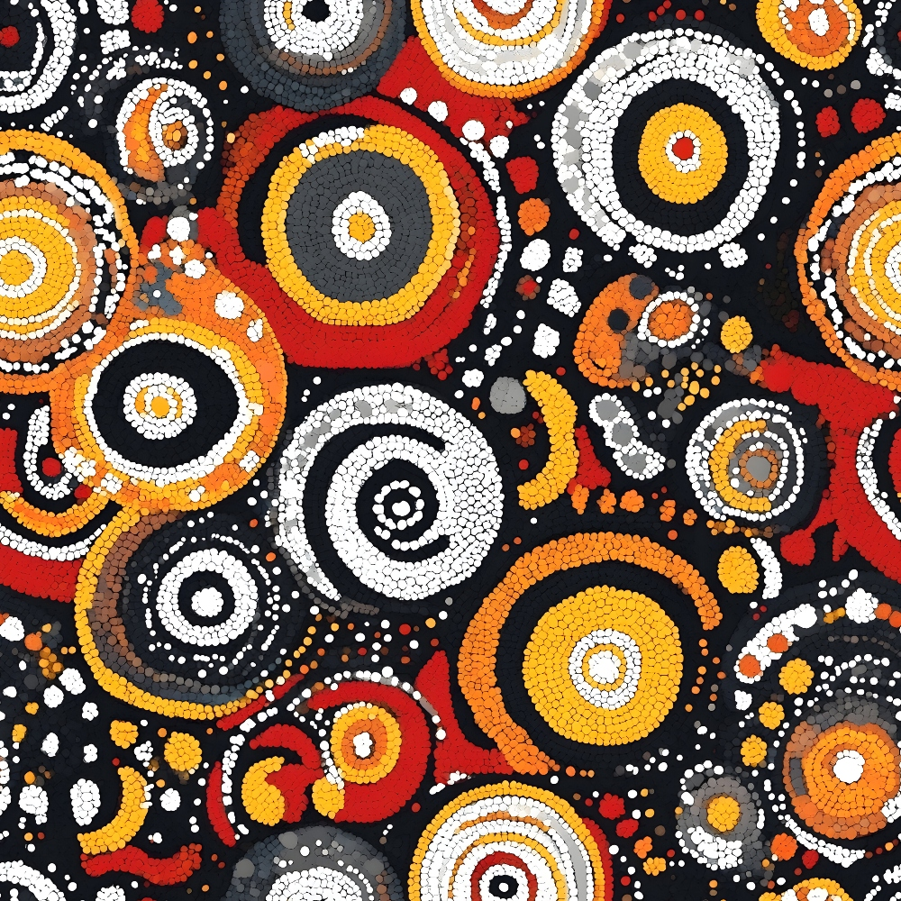 Abstract artwork featuring swirling circles and dots in red, black, orange, and white tones against a dark background.