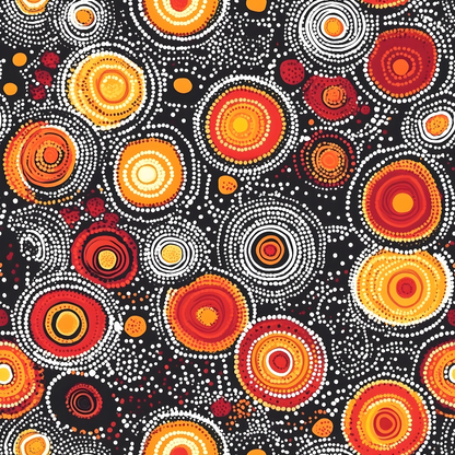 aboriginal art, dot painting, concentric circles, black background, orange circles, red circles, yellow circles, white dots, indigenous design, geometric patterns, spiral motifs, warm colors, earth tones, tribal art, contemporary aboriginal, quilting cotton, fabric panel, dotwork technique, circular motifs, australian indigenous