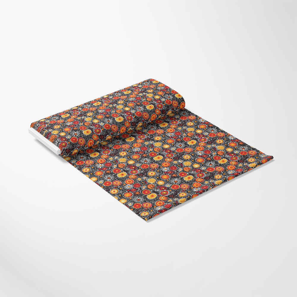 Aboriginal Circles and Dots Pattern 12 Quilting Cotton Fabric featuring orange, yellow, red, and brown circular motifs, dotted design, traditional tribal style, quilting material, cotton textile, vibrant colors, soft fabric, yardage for sewing projects, premium quality cotton fabric