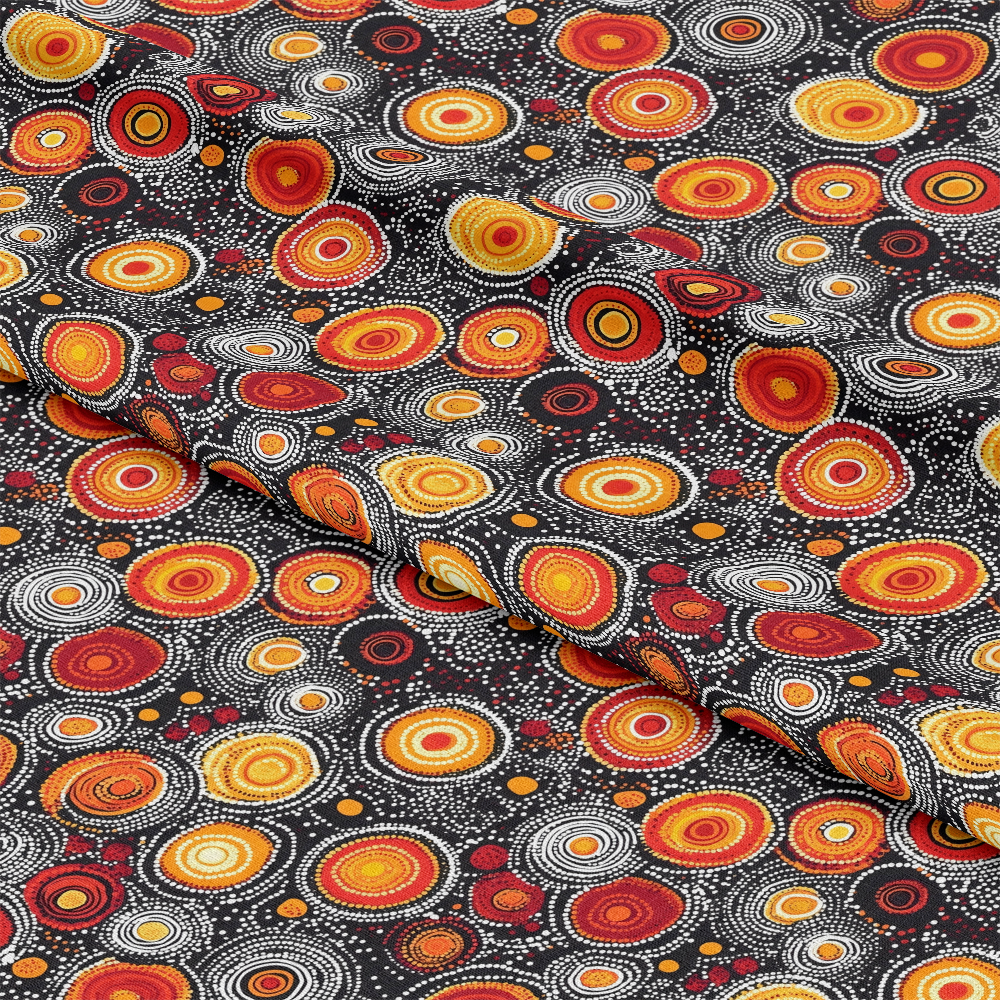 Aboriginal Circles and Dots Pattern 12 Quilting Cotton Fabric featuring vibrant red, orange, yellow, black, and white colors, circular motifs, dot accents, traditional design, textile, quilting cotton, fabric yardage.